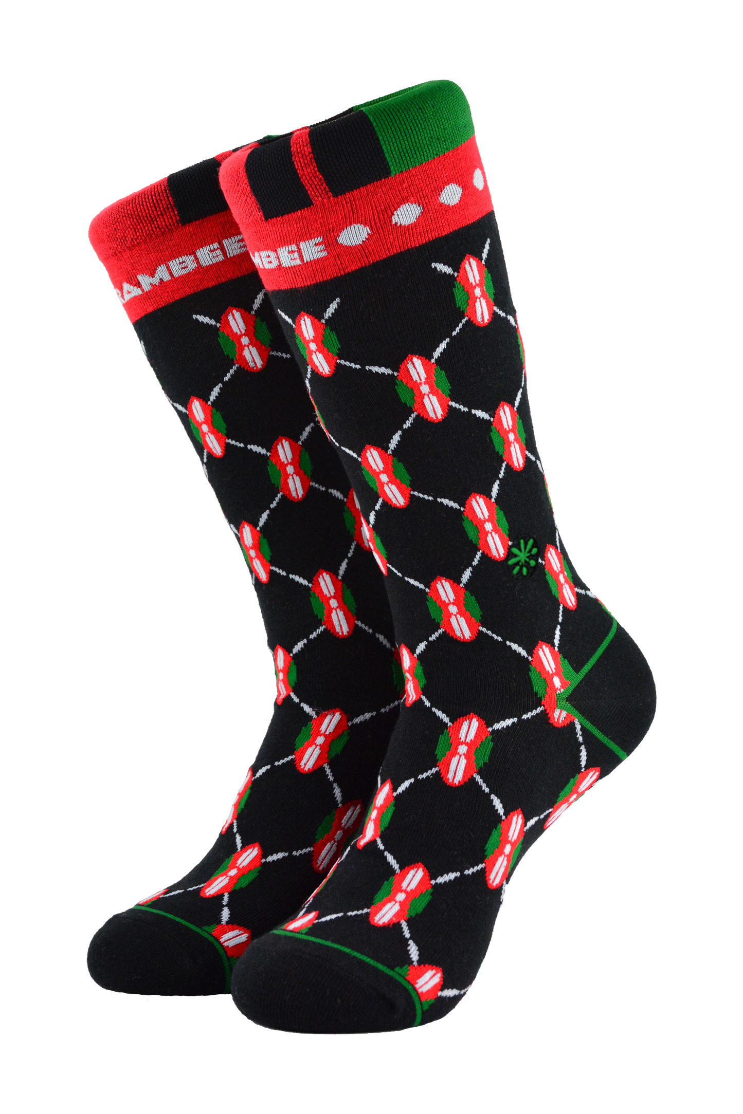 Black, green, and red socks with a Maasai shield, inspired by Kenya