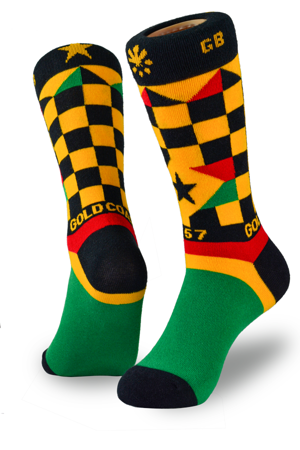 Ghana inspired statement sock with a black star at the center of a checkered pattern