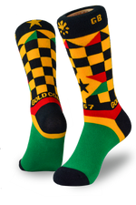 Ghana inspired statement sock with a black star at the center of a checkered pattern