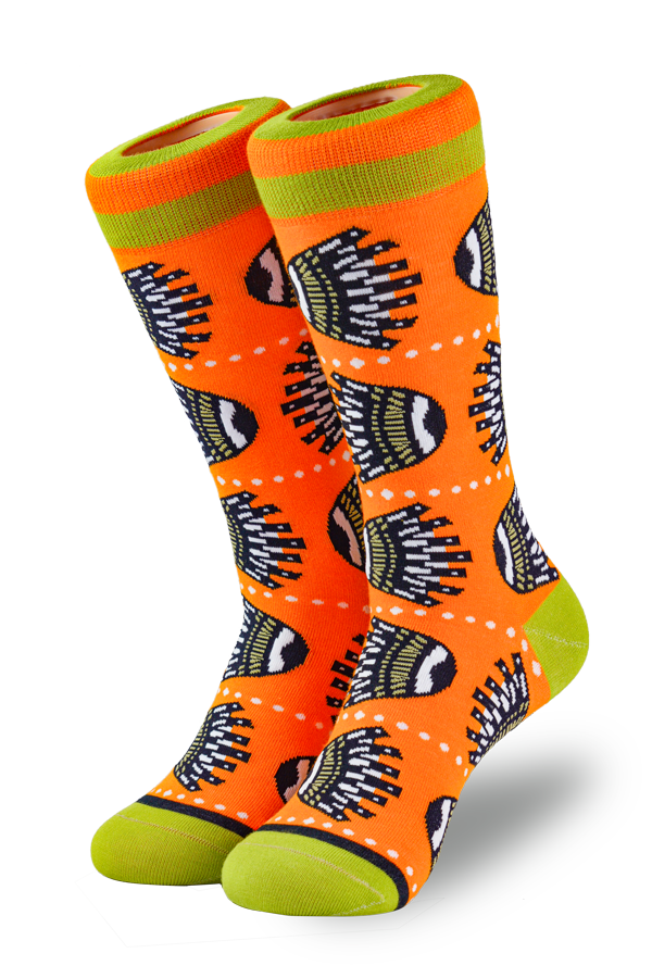 Orange and green socks with a basket motif