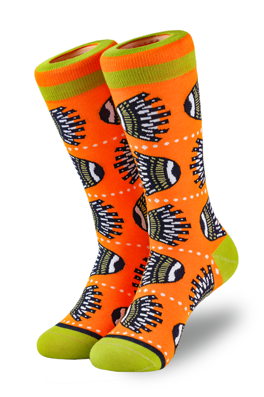 Orange and green socks with a basket motif