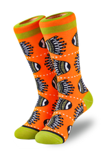 Orange and green socks with a basket motif