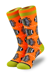 Orange and green socks with a basket motif