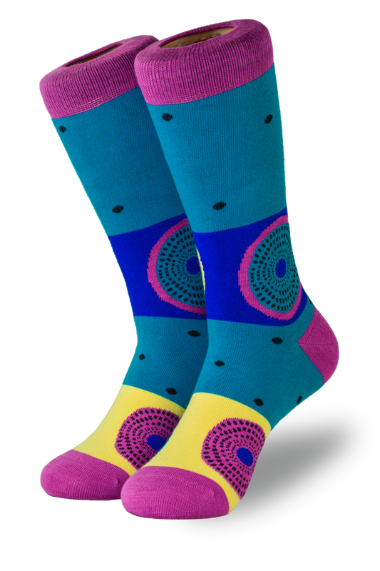Blue socks with black polka dots