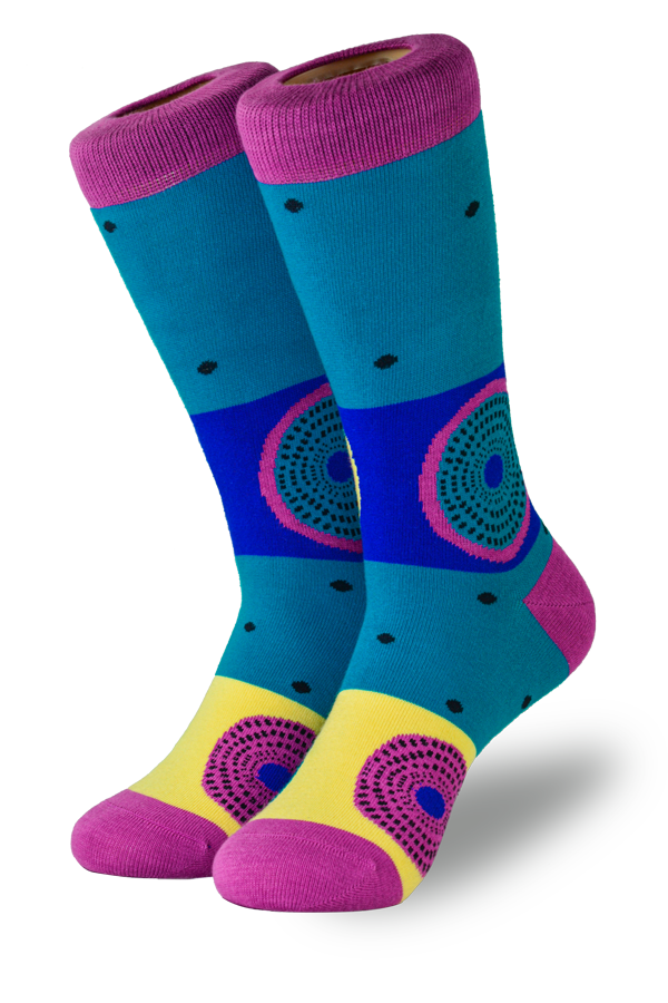 Blue socks with black polka dots