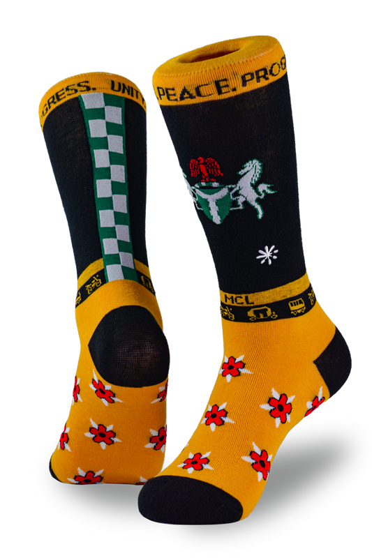 Socks with flowers, horses, and checkers