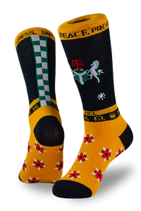 Socks with flowers, horses, and checkers